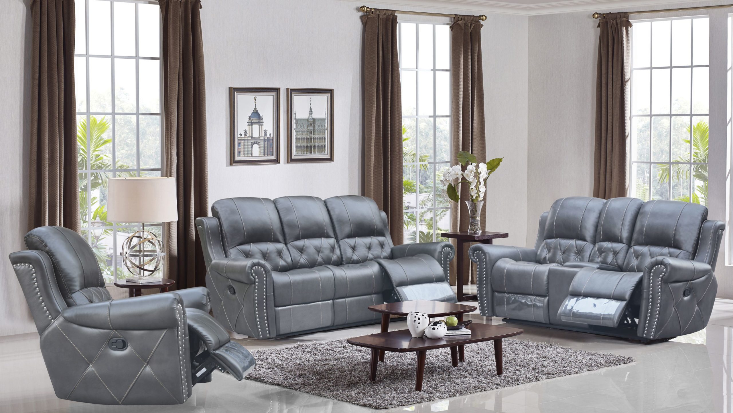 HR059 (G12) Husky Furniture Hunter Reclining Sofa Set Gray