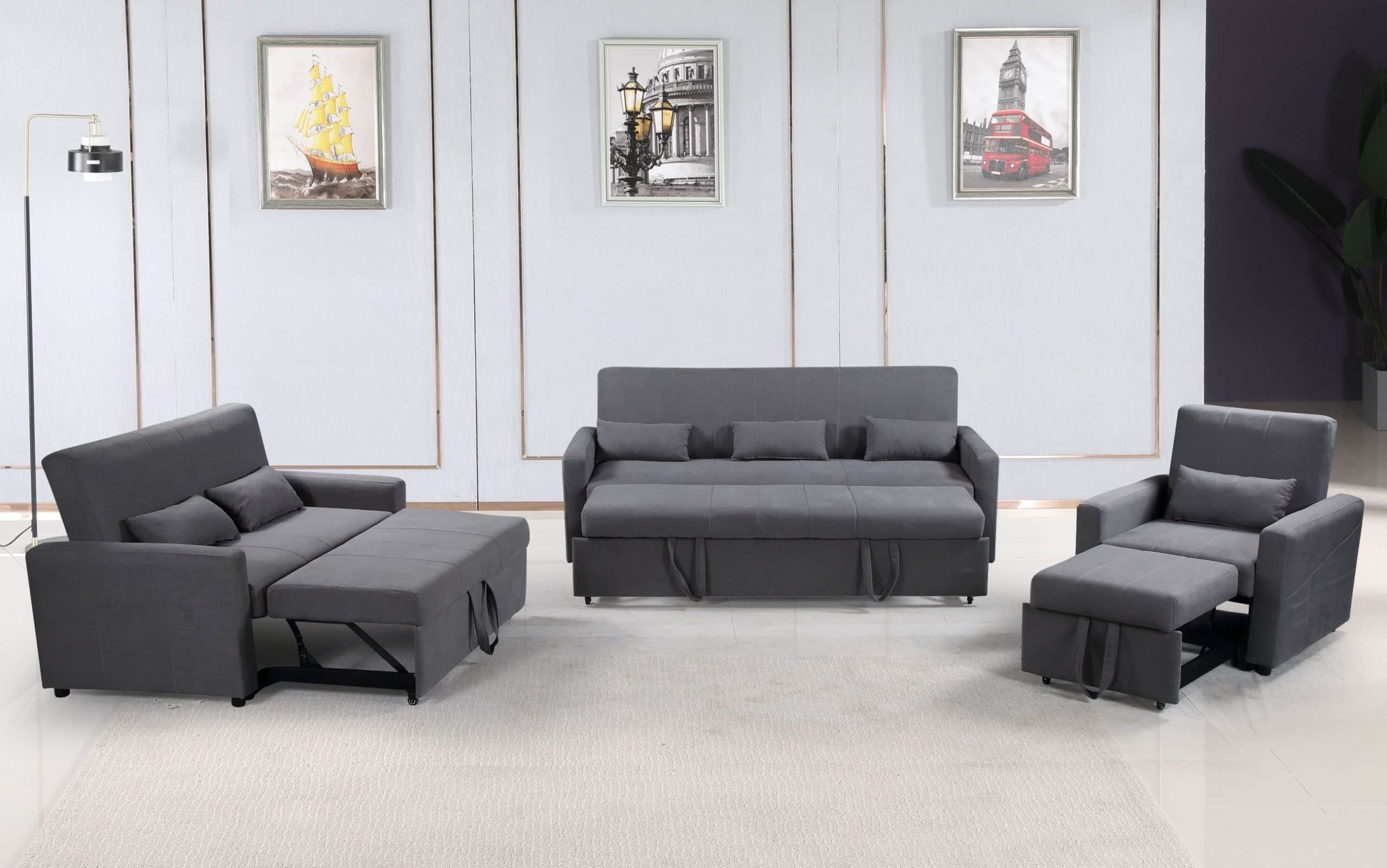 HS1009- Charcoal - Husky Furniture Transformer - convertible Sofa Bed - 3PC set